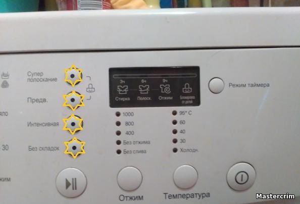 Стиральная машина LG, ошибка моргают левый ряд индикаторов (кнопки дополнительных функций)